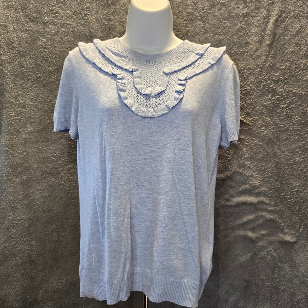 Brooks Brothers Red Fleece Womens M Light Blue Ruffle Bib Pointelle Knit Sweater